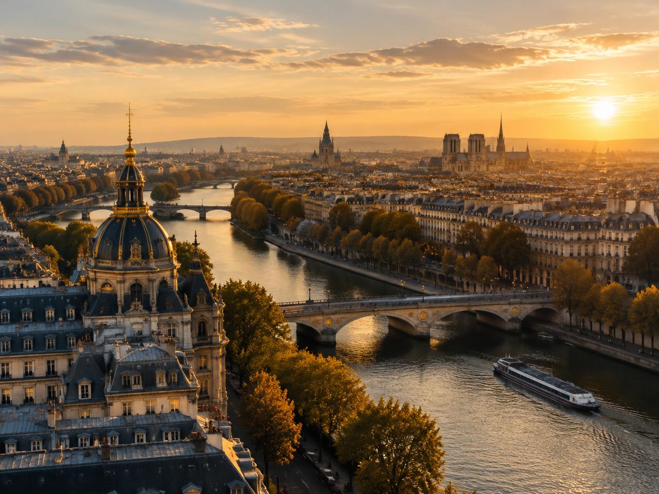 European city skyline with historic architecture at golden hour
