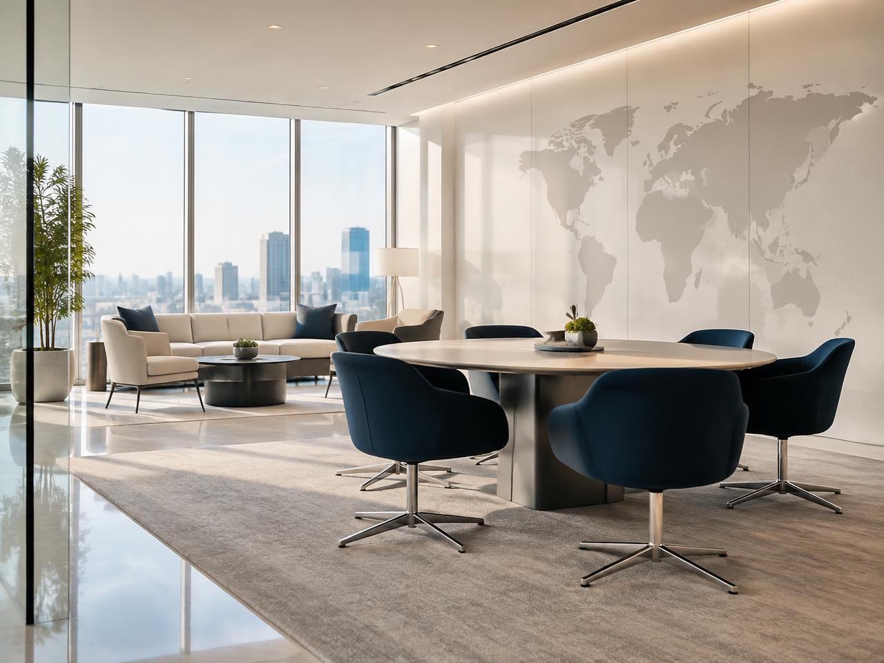 Bright corporate meeting space with a world map on the wall